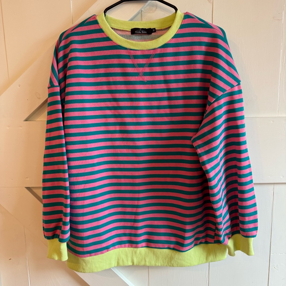 Trendy Queen Pink and Green Striped Crewneck Sweatshirt Medium